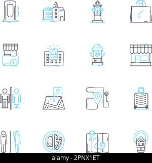 District chart linear icons set. Analysis, Visualization, Comparison, Evaluation, Metrics, Display, Metrics line vector and concept signs. Statistics Stock Vector