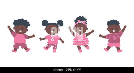 little black children dance. Group of black girls and black boys have fun. Cute cartoon characters. Vector illustration Stock Vector