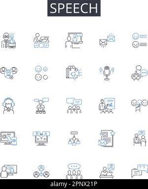 Speech line icons collection. Uncertainty, Membership, Crispness, Fuzzification, Ambiguity, Vagueness, Inference vector and linear illustration Stock Vector