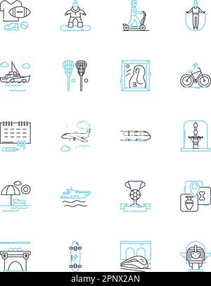 Al fresco recreation linear icons set. Picnic, Grilling, Hiking, Cycling, Camping, Swimming, Boating line vector and concept signs. Fishing,Playing Stock Vector