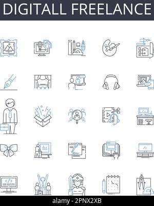 Virtual Contractor line icons collection. Telecommuting, Digital ...