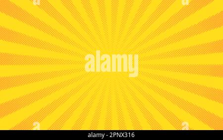 Yellow comics background. Abstract lines backdrop. Bright sunrays. Design frames for title book. Texture explosive polka. Beam action. Pattern motion Stock Vector