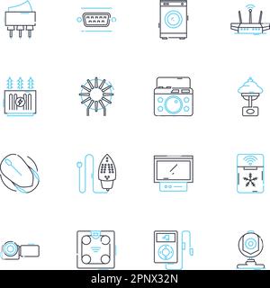Wireless communication linear icons set. Bluetooth, Wi-Fi, Cellular, Signal, Radio, Nerk, Antenna line vector and concept signs. Modem,Receiver Stock Vector