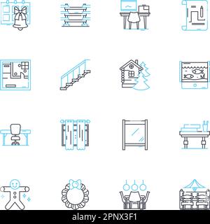 Interior embellishments linear icons set. Cushions, Arrk, Mirrors, Upholstery, Rugs, Wallpaper, Lamps line vector and concept signs. Curtains Stock Vector
