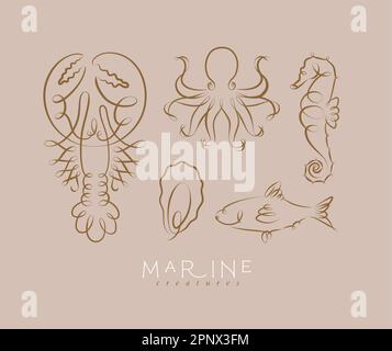 Filigree swirl sea and ocean creatures lobster, octopus, seahorse, oyster, fish drawing on brown background Stock Vector