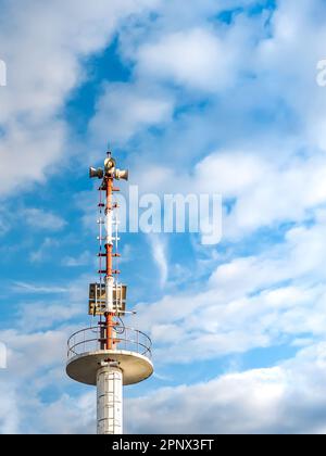 Tsunami siren warning loudspeakers are installed on the beach in Thailand Stock Photo