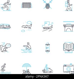 Adventure pursuits linear icons set. Climbing, Hiking, Skydiving, Bungee jumping, Surfing, Rafting, Rock climbing line vector and concept signs Stock Vector
