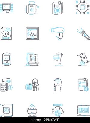 Gadget inventory linear icons set. Smartwatch, Smartph, Laptop, Tablet, Keyboard, Mouse, Charger line vector and concept signs. Headphs,Earbuds Stock Vector