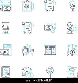 Finance and accounting linear icons set. Budgeting, Taxes, Auditing, Payroll, Investments, Assets, Liabilities line vector and concept signs. Debt Stock Vector