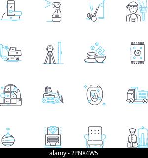 Stay perks linear icons set. Complimentary, Amenities, Room service, Concierge, Housekeeping, Pool, Fitness line vector and concept signs. Spa,Wi-Fi Stock Vector
