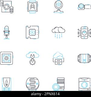 Technological instruments linear icons set. Gadgets, Robotics, Drs, Wearables, Virtuality, Internet, Chips line vector and concept signs. Artificial Stock Vector