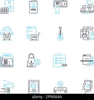 Media planning linear icons set. Strategy, Budget, Targeting, Research, Advertising, Demographics, Channels line vector and concept signs Stock Vector