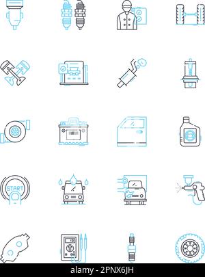 Car Care linear icons set. Detailing, Wash, Wax, Polish, Tires, Engine, Oil line vector and concept signs. Transmission,Brakes,Battery outline Stock Vector