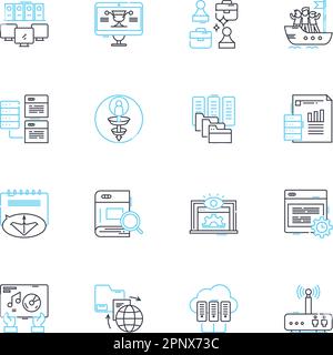 Knowledge management linear icons set. Retrieval, Collaboration, Sharing, Organization, Transfer, Innovation, Assessment line vector and concept signs Stock Vector