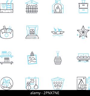 Home accents linear icons set. Cushions, Rugs, Paintings, Vases, Clocks, Mirrors, Candles line vector and concept signs. Curtains,Textiles,Figurines Stock Vector