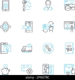 Internet lending linear icons set. Loan, Credit, Online, Financing, Agreement, Borrowing, Payment line vector and concept signs. Lender,Loaning,Funds Stock Vector