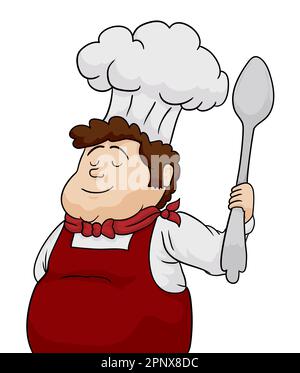 Smiling chubby chef with red apron and kerchief, tall cap, holding large spoon. Cartoon style design on white background. Stock Vector