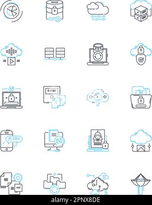 Digital security linear icons set. Encryption, Passwords, Vulnerabilities, Hackers, Malware, Firewall, Phishing line vector and concept signs. Spam Stock Vector