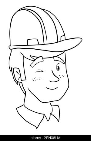 Portrait of worker with winking gesture, freckles and hard hat. Design in outlines for coloring. Stock Vector