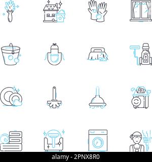 Sweeping linear icons set. Broom, Clean, Dust, Sweep, Tidy, Vacuum ...