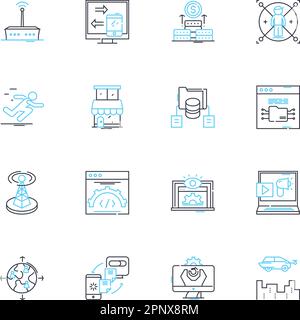 Virtual finance linear icons set. Cryptocurrency, Fintech, Digital, Blockchain, Online, Mobile, Automation line vector and concept signs. Artificial Stock Vector