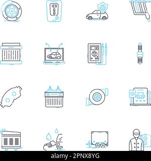 Car Care linear icons set. Detailing, Wash, Wax, Polish, Tires, Engine, Oil line vector and concept signs. Transmission,Brakes,Battery outline Stock Vector