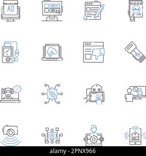 Geospatial analysis line icons collection. Cartography, GIS, Mapping, Spatial, Topography, Coordinates, Geodata vector and linear illustration Stock Vector