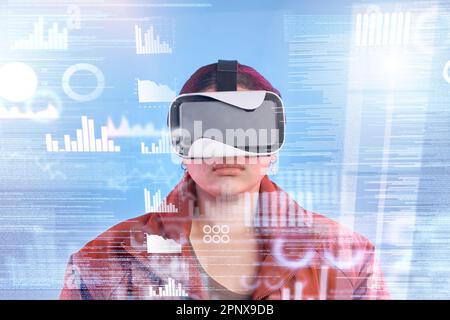 Metaverse, woman or virtual reality big data with overlay for digital transformation, charts or graphs online. Hacker with vr headset in holographic Stock Photo