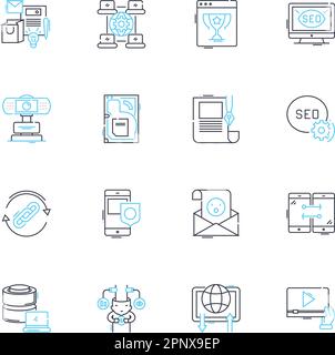 Product branding linear icons set. Identity, Logo, Recognition, Consistency, Trust, Differentiation, Image line vector and concept signs. Messaging Stock Vector