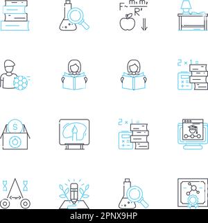 Virtual studying linear icons set. Remote, Online, Digital, Distance, E-learning, Interactive, Engaging line vector and concept signs. Collaborative Stock Vector