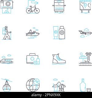 Tourism linear icons set. Adventure, Scenic, Relaxation, Culture, Heritage, Hospitality, Wanderlust line vector and concept signs. Attractions,Foodie Stock Vector