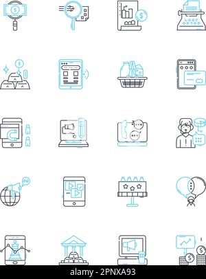 Paid search linear icons set. PPC, AdWords, SEM, BingAds, Cost-per-click, Displayads, Keyword line vector and concept signs. Qualityscore,Remarketing Stock Vector