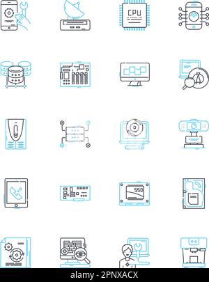 Information devices linear icons set. Smartph, Laptop, Tablet, Desktop, Smartwatch, E-reader, Gaming console line vector and concept signs. Virtual Stock Vector