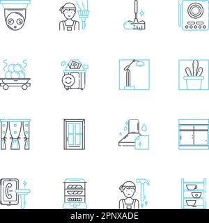 Cabinet linear icons set. Storage, Kitchen, Wood, Design, Furniture, Organizer, Custom line vector and concept signs. White,Pantry,Shelves outline Stock Vector