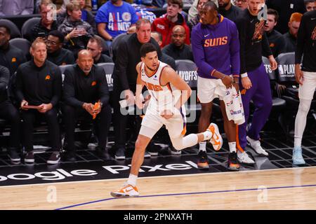 Los Angeles, California, USA. 20th Apr, 2023. Phoenix Suns guard Devin Booker (1) runs after scoring the Los Angeles Clippers during an NBA basketball playoffs round one game 3 Thursday, April 20, 2023, in Los Angeles. (Credit Image: © Ringo Chiu/ZUMA Press Wire) EDITORIAL USAGE ONLY! Not for Commercial USAGE! Stock Photo