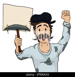 Male miner with mustache, cap and dirty clothes, raised fist and holding a pick with blank placard. Cartoon style design on white background. Stock Vector