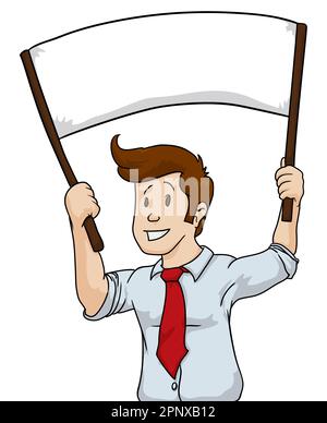 Happy businessman in white shirt, roll up sleeves and red tie, holding a blank banner with both hands. Template design in cartoon style on white backg Stock Vector