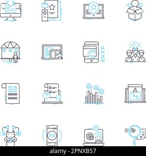 Sales strategies linear icons set. Upsell, Cross-sell, Discounting, Bundling, Prospecting, Pipeline, Forecasting line vector and concept signs Stock Vector