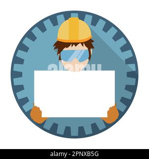 Worker holding a blank sign, wearing work gloves, hard hat and safety glasses, inside button with gear.  Template in flat style and long shadow design Stock Vector