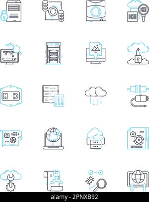 Tech devices linear icons set. Smartph, Tablet, Laptop, Computer, Smartwatch, Fitness-tracker, Earbuds line vector and concept signs. Keyboard,Mouse Stock Vector