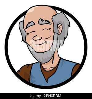 Face of happy older man with bald head and beard inside round button. Portrait in cartoon style. Stock Vector