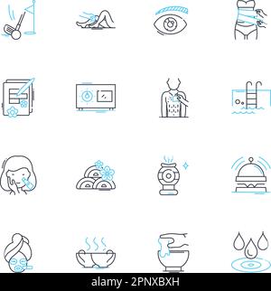 skincare regimen linear icons set. Moisturize, Cleanser, Tr, SPF, Exfoliate, Serum, Hydration line vector and concept signs. Acne,Anti-aging,Retinol Stock Vector