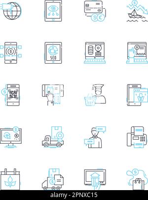 Online strategy linear icons set. Analytics, Branding, Conversion, Engagement, Funnel, Growth, Hashtag line vector and concept signs. Impact,Lead Stock Vector