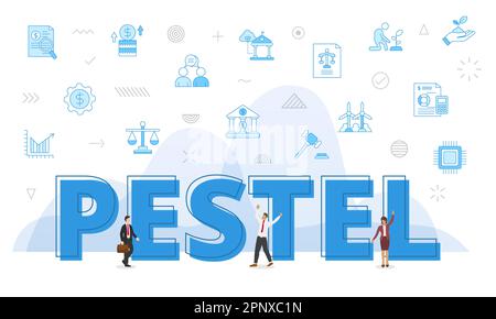 pestel concept with big words and people surrounded by related icon with blue color style vector Stock Photo