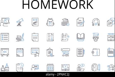 Homework line icons collection. Assignment-task, Project-activity, Test-exam, Essay-paper, Reading-study, Presentation-talk, Quiz-questionnaire vector Stock Vector