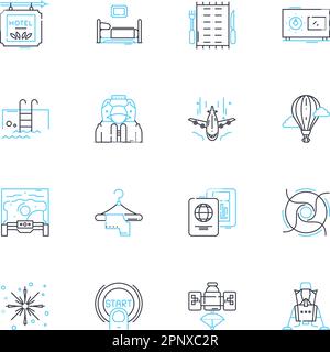 Lodging linear icons set. Accommodation, Homestay, Hostel, Lodge, Inn, Boutique, Resort line vector and concept signs. Guesthouse,Motel,Shelter Stock Vector