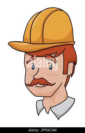 Redheaded worker face with mustache, freckles and yellow hard hat in cartoon style on white background. Stock Vector