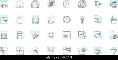 Industry insights linear icons set. Trends, Data, Analytics, Performance, Metrics, Innovation, Strategy line vector and concept signs. Competition Stock Vector