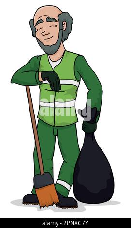 Happy old street sweeper man with green uniform, broom and garbage bag in cartoon style. Stock Vector