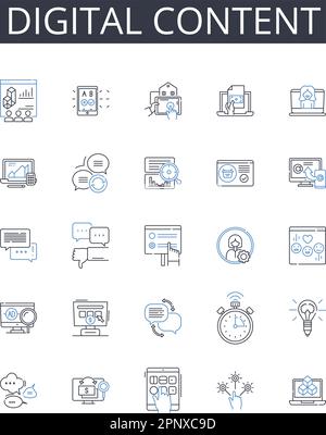 Digital content line icons collection. Online presence, Electronic media, Virtual assets, Cyber information, Web data, Computerized material Stock Vector